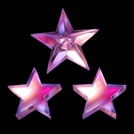 3d render, assorted purple crystal stars isolated on black background. Faceted glass shapes collection, simple geometric clip art setの写真素材