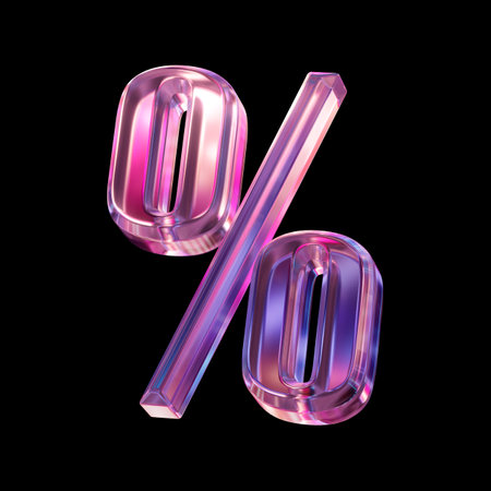 3d render, crystal percent symbol, faceted glass shape isolated on black backgroundの写真素材