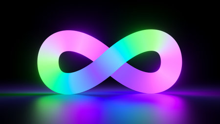 3d render, colorful neon infinity symbol glowing in the dark. Abstract minimalist background with simple geometric shape. Endless loop ribbon, pink violet green spectrum lightの写真素材