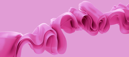 3d render, abstract pink background. Folded ruffle, curvy waving ribbons, textile layers. Modern wallpaperの写真素材