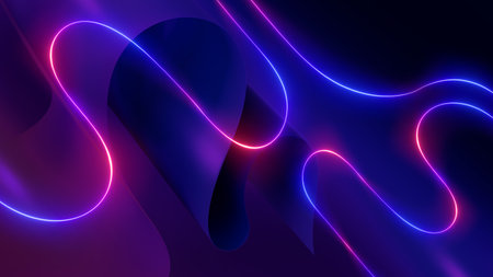 3d render. Abstract background of folded paper and red blue curvy neon line glowing in the dark. Modern minimalist wallpaperの写真素材