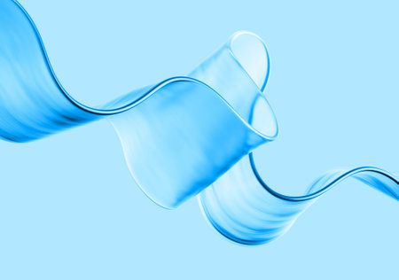 3d render, abstract blue background, curvy translucent ribbon. Modern wallpaperの写真素材