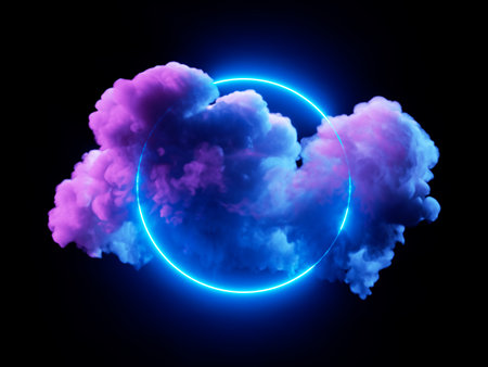 3d rendering. Neon cloud with glowing ring, isolated on black background. Round frame. Fantastic wallpaperの写真素材