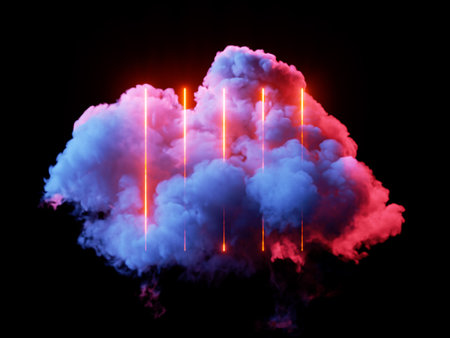 3d render, glowing vertical neon lines inside the soft cloud illuminated with red light, isolated on...