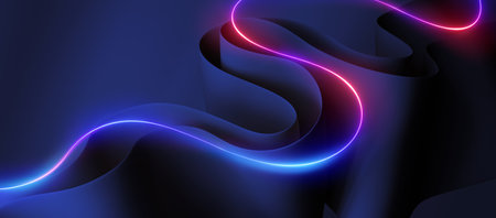 3d render. Abstract background of curvy neon line glowing in the dark and folded paper. Modern minimal wallpaperの写真素材