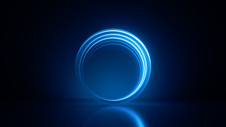 3d render, abstract minimalist neon background. Glowing ring, blue lines inside the translucent glass round box. Modern geometric wallpaperの写真素材