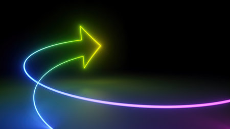 3d rendering, abstract minimalist geometric background. Neon arrow turning right, glowing in the dark. Linear direction symbolの写真素材