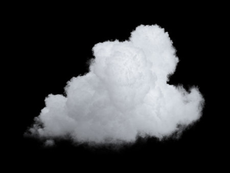 3d render, abstract white cloud clip art isolated on black background. Realistic sky design elementの写真素材