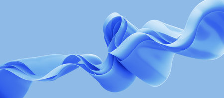3d render, abstract background with folded textile ruffle, curvy waving ribbons, blue cloth macro,...