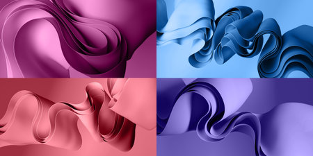 3d render. Collection of abstract fashion backgrounds. Folded paper layers or curvy ribbons macro. Minimalist wallpaper setの写真素材