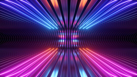 3d render. Abstract futuristic neon background. Rounded red blue lines, glowing against a backdrop of metal strips. Ultraviolet spectrum. Cyber space.の写真素材