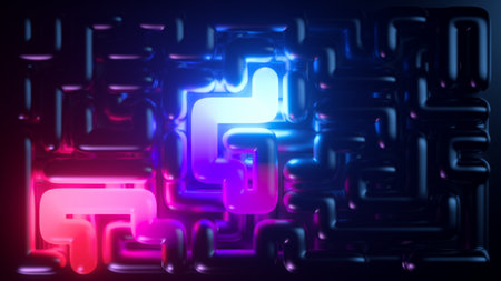 3d render, abstract neon background of futuristic pipeline, maze glowing in the darkの写真素材