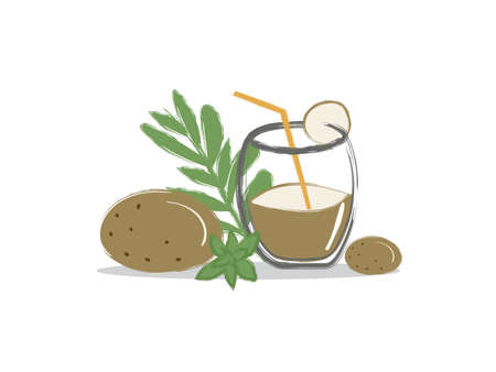 a glass of freshly squeezed juice with straw and whole vegetables, potatoes with sprigs of herbsのイラスト素材