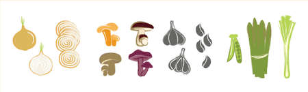 Set of cut vegetables, cute drawings, varieties of mushrooms.のイラスト素材