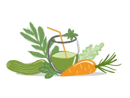 a glass of freshly squeezed juice from vegetables with a straw with sprigs of greens, carrots, cucumber, mintのイラスト素材