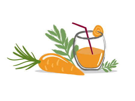 a glass of freshly squeezed juice with straw and whole vegetables, carrots with sprigs of herbsのイラスト素材