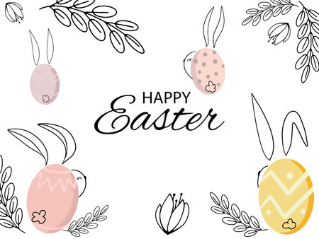 Colorful Happy Easter greeting card with flowers eggs and rabbit elements composition.のイラスト素材