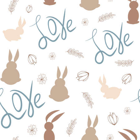Seamless Easter background with decorative eggs and cute rabbitsのイラスト素材