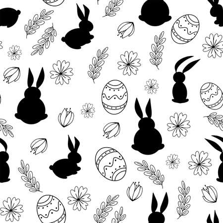 Seamless Easter background with decorative eggs and cute rabbitsのイラスト素材