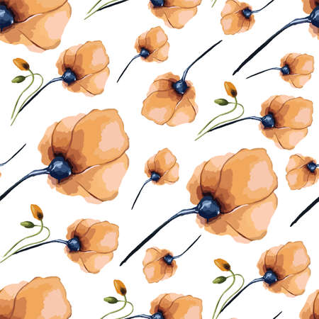Atercolor seamless background with field flowers and herbs. Pattern with hand painted poppy.のイラスト素材