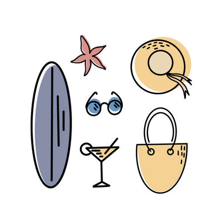 Set of cute summer accessories. Collection of flat vector elements for beach party.のイラスト素材
