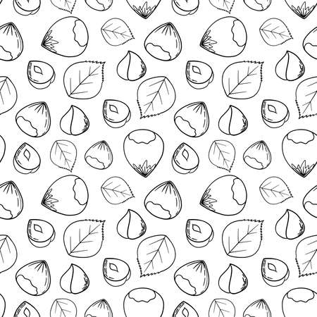 Hand drawn sketch illustration seamless background pattern with hazelnuts. Vector illustration of nuts on a white backgroundのイラスト素材