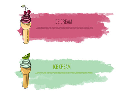 Summer Flyer with lettering and watercolor background. Vector illustration with cherry and kiwi ice cream. Sweet discountsのイラスト素材