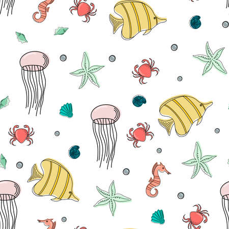 Seamless pattern with seashells, corals and starfish, fish, crab. Vector illustration. Perfect for greetings, invitations, textiles, weddings and web designs.のイラスト素材