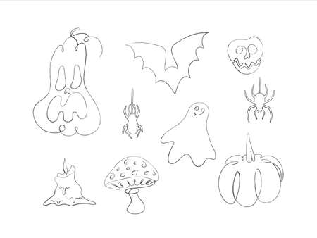 Halloween illustrations set: pumpkin, ghost, bat. Design elements for halloween party poster. Flat cartoon illustration. Objects isolated on a white background.のイラスト素材