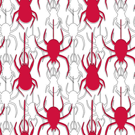 Vector Halloween seamless pattern. Black icons of skull, spider, web, pumpkins. Design elements for halloween party poster. Flat cartoon illustration. Objects isolated on a white background.のイラスト素材