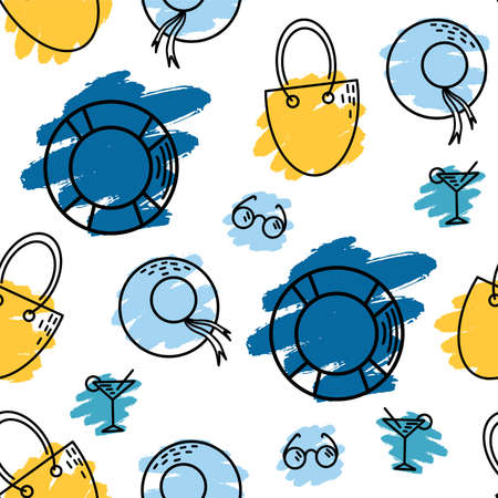 Colorful seamless summer pattern with handcrafted beach elements. Clothes designのイラスト素材