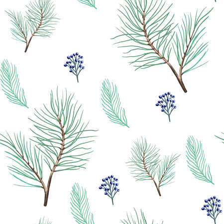 New year seamless pattern with branches, berries and flowers.のイラスト素材