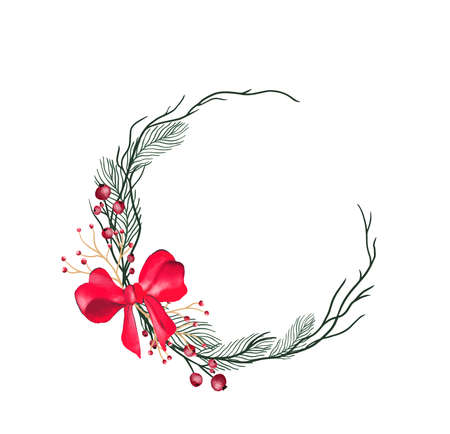 Vector round Christmas wreath with with winter flowers isolated on white.のイラスト素材