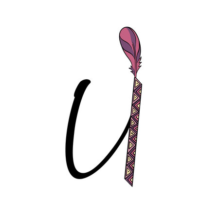 Letter of English. Latin alphabet letter decorated with feathers and arrows, monogram vector illustration in simple boho styleのイラスト素材