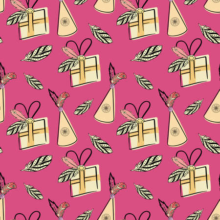 Happy birthday seamless pattern. Colorful illustration for the design of textiles, fabric, childrens room. Bright vector illustration in boho styleのイラスト素材