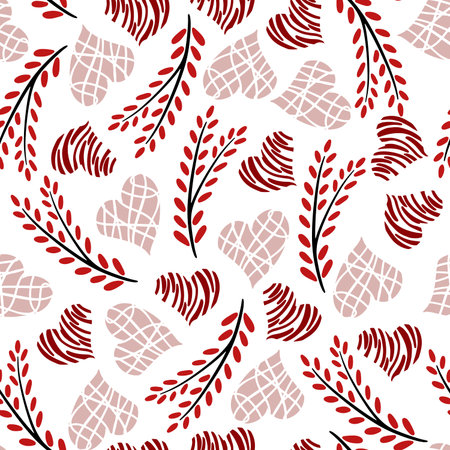 Seamless romantic pattern with hand drawn red hearts. Colorful doodle hearts. Ready template for design, postcards, print, poster, party, Valentines day, vintage textile.のイラスト素材