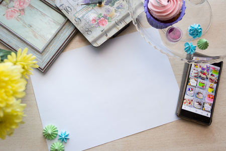 white sheet of paper lies on the table white oak texture,  flatlayの写真素材