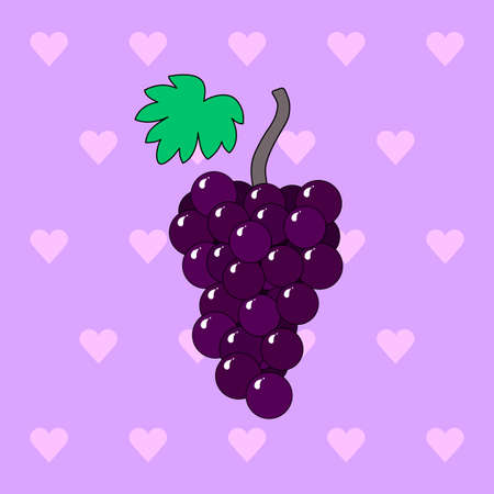 Vector illustration of a delicious violet bunch of grapes on a heart background. fruit dessert. It is suitable for use for postcards, gifts, print, social media, cafe menu, restaurant, bar, shops.のイラスト素材