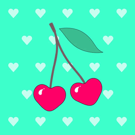 Vector illustration of a juicy rose red cherry on a heart background. Sweet, tasty, berry dessert. It is suitable for use for postcards, gifts, social media, print, cafe menu, restaurant, bar, shops.のイラスト素材