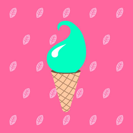 Vector illustration of a mint ice cream on a leaf background. Tasty, sweet summer dessert. It is suitable for use for postcards, gifts, social media, print, cafe menu, restaurant, bar, shops.のイラスト素材