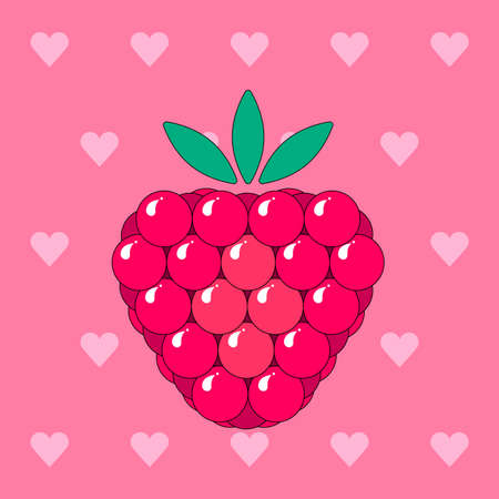 Vector illustration of a sweet raspberry on a heart background. Tasty, juicy, berry dessert. It is suitable for use for postcards, gifts, social media, print, cafe menu, restaurant, bar, shops.のイラスト素材