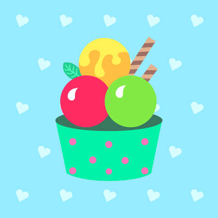 Vector illustration of a fruit ice cream on a heart background. Tasty, sweet summer dessert. It is suitable for use for postcards, gifts, social media, print, cafe menu, restaurant, bar, shops.のイラスト素材