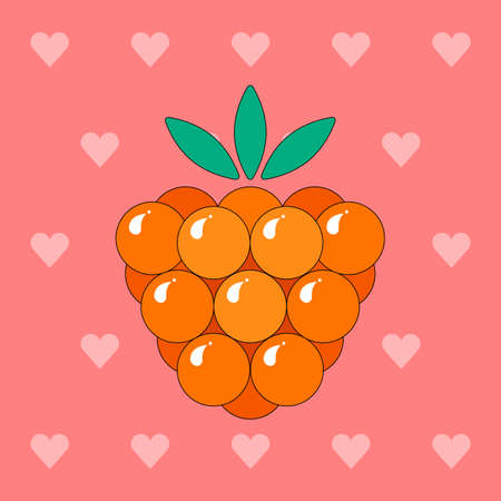 Vector illustration of a tasty cloudberry on a heart background. Tasty, juicy, berry dessert. It is suitable for use for postcards, gifts, social media, print, cafe menu, restaurant, bar, shops.のイラスト素材