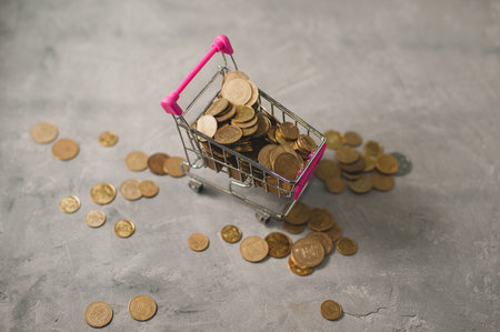 Shopping trolley with coins for finance concept