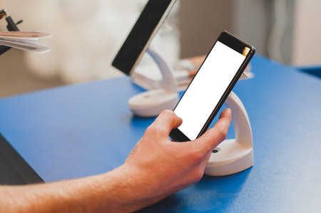 Mockup hand holding black phone. Place for text or presentation website
