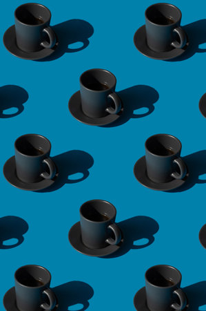 Cup of espresso coffee on a blue background pattern. Minimal concept.