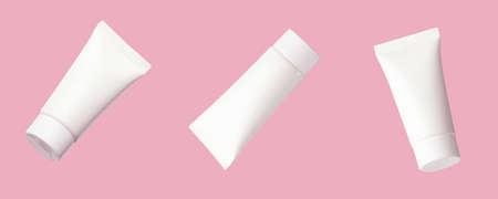 Mockup blank plastic white tube for cosmetics on pink background. Minimal concept.の写真素材