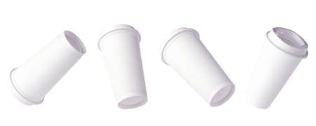 Mockup plastic cup for coffee flying isolated on whiteの写真素材