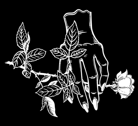 Linear art of a stylized female human hand holding a rose. Gothic woman ...