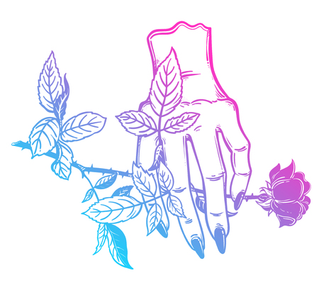 Linear art of a stylized female human hand holding a rose. Gothic woman ...